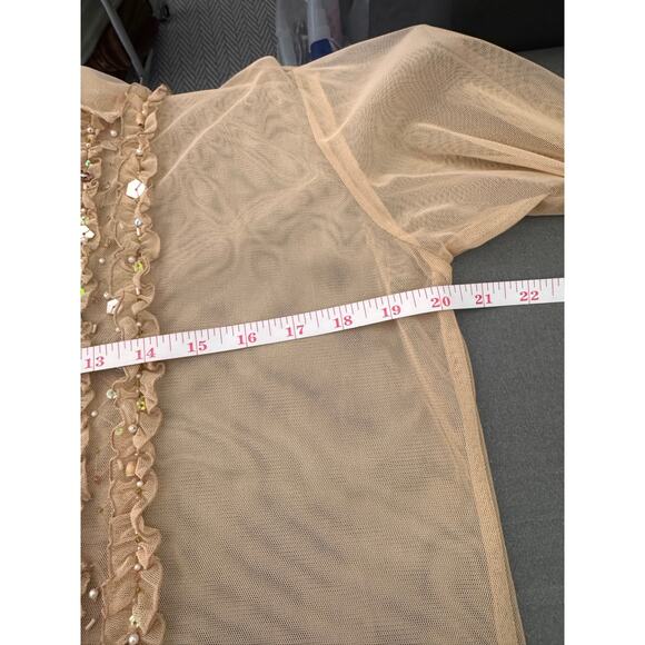 Sheer Nude Beaded Ruffle Tunic Blouse | Size M - Picture 6 of 8